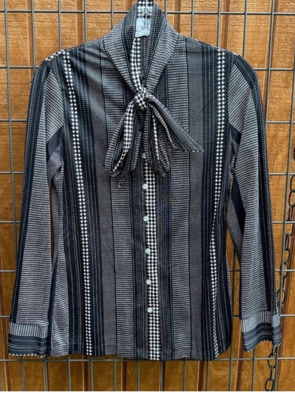 Vintage dotted Secretary blouse w/ neck bow black white shirt